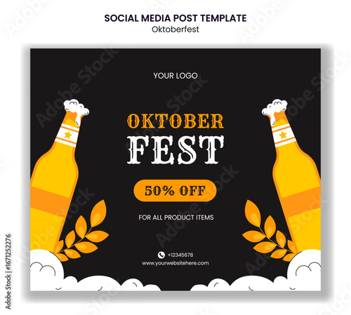 Happy Oktoberfest Celebration Flat Cartoon Hand-Drawn Social Media Post Template Background
