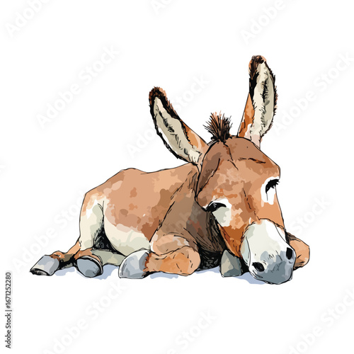 Resting Donkey Illustration with Detailed Fur and Expressive Eyes Relaxed Pose