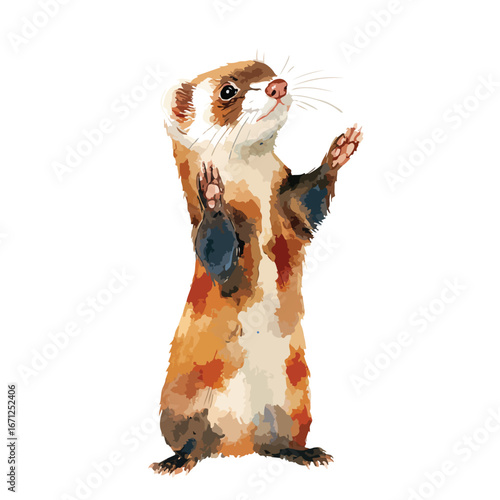 Standing ferret with paws up looking upwards with a hopeful expression