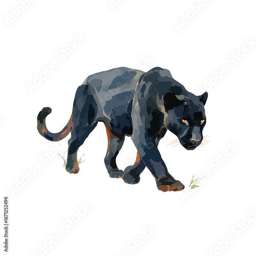 Stylized black panther prowling forward with intense golden eyes and patterned fur