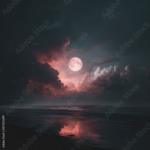 Pink moon over stormy sea