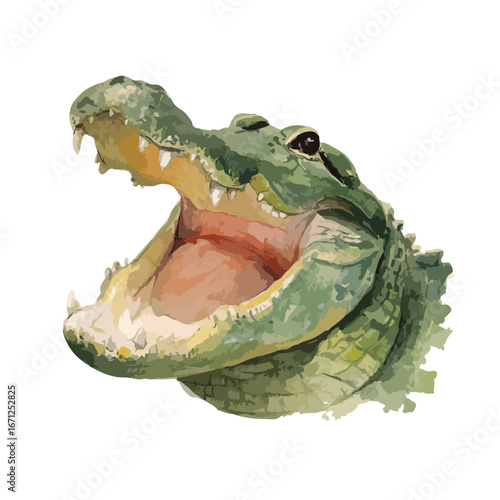 Vibrant Watercolor Crocodile Head in OpenJawed Pose