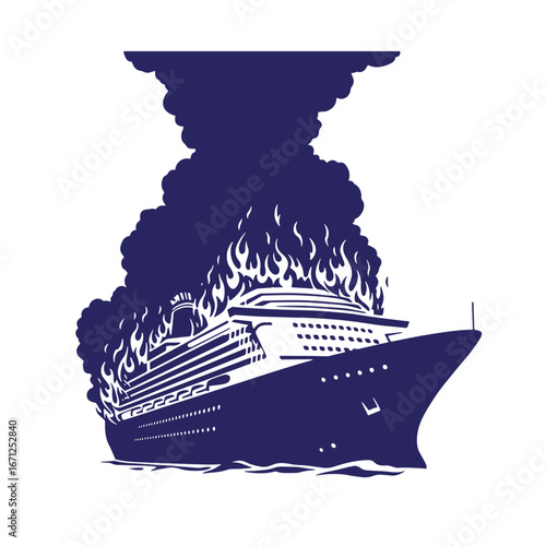 A cruise ship engulfed in flames with thick smoke against a plain white background