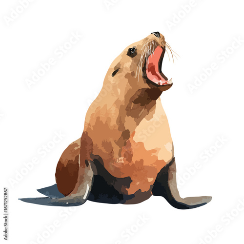 Vibrant Watercolor Illustration of a Yawning Steller Sea Lion