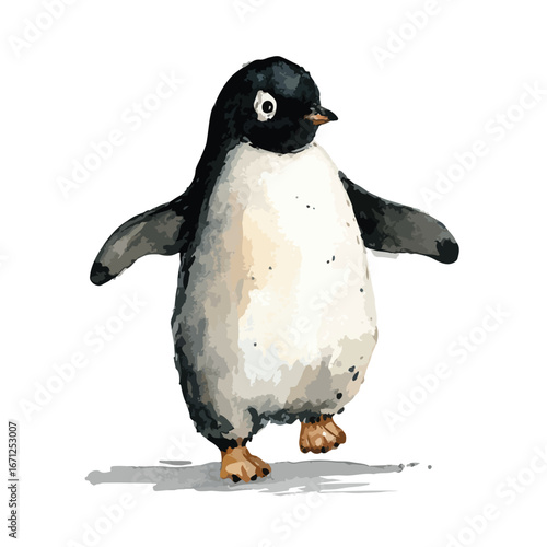 Watercolor Adelie Penguin Strutting with One Foot Raised and Wings Outstretched