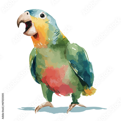 Watercolor Amazon Parrot with Open Beak and Colorful Plumage