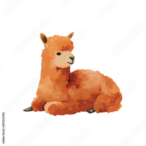 Watercolor Alpaca Resting Showing Detailed Fur and Gentle Expression