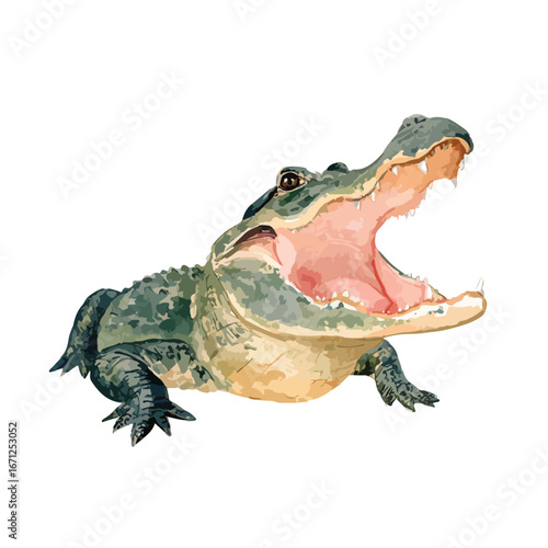 Watercolor American Alligator with Open Mouth Showing Teeth and Pink Interior