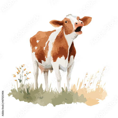 Watercolor Cow with Open Mouth Standing in Grassy Field Expressing Itself