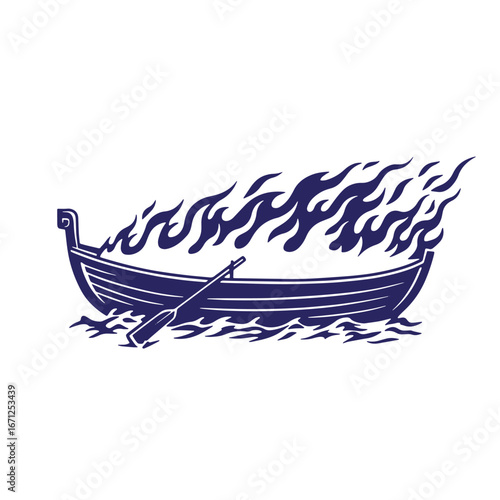 A stylized dark blue viking longboat afire with flames on a white background illustration