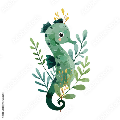 Watercolor Green Seahorse with Botanical Accents and a Playful Expression