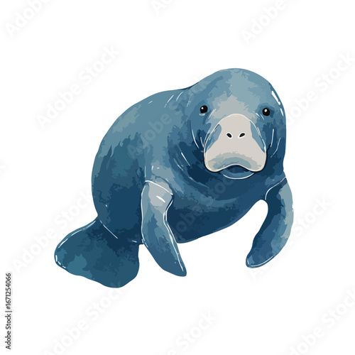 Watercolor Illustration of a Gentle Manatee with Detailed Blue Tones