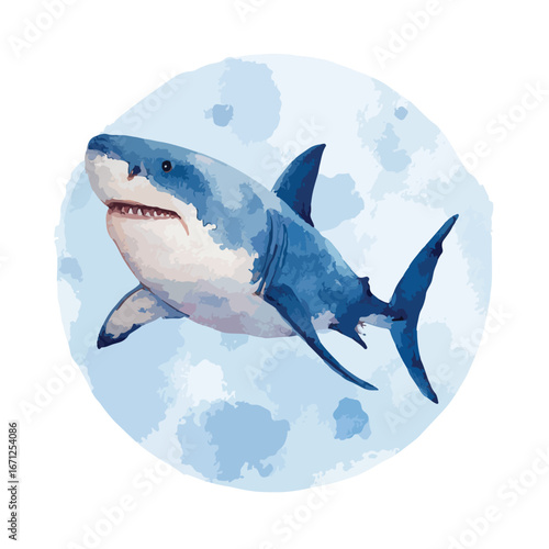 Watercolor Illustration of a Great White Shark Swimming in Blue Circle