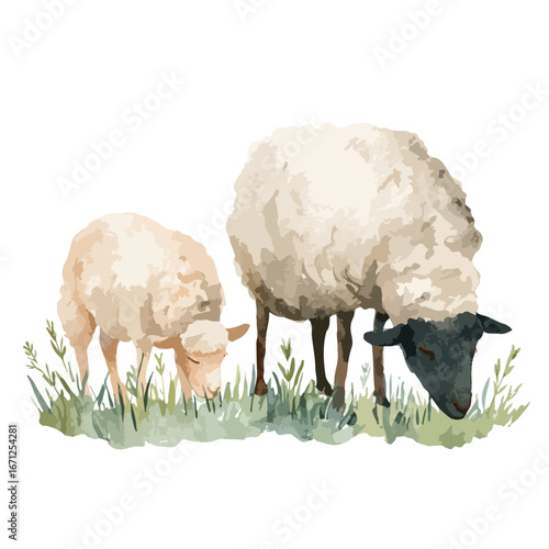 Watercolor Illustration of Two Grazing Sheep in a Field of Green Grass