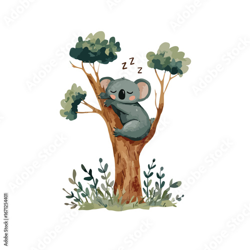 Watercolor Koala Sleeping Peacefully in a Eucalyptus Tree with Zzzs