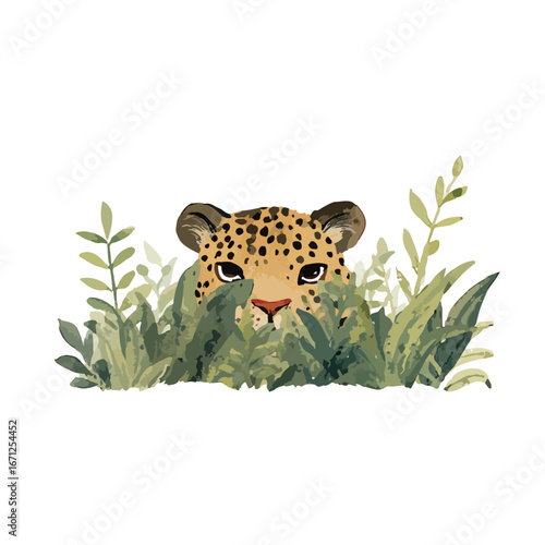 Watercolor Leopard Peeking Through Lush Greenery Observing Quietly