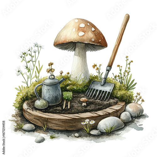 Watercolor mushroom scene with rake and watering can