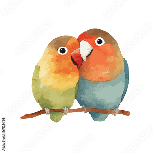 Watercolor Lovebirds Perched Together on a Branch with Affectionate Gaze