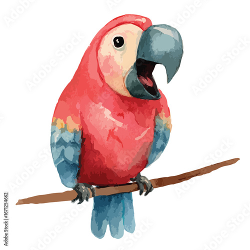 Watercolor Parrot Perched on Branch Open Mouth Vibrant Red and Blue