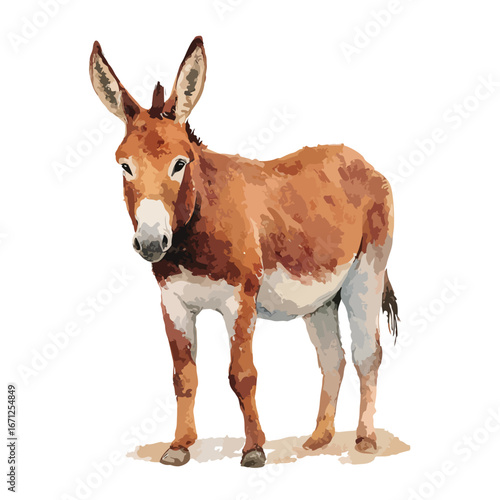 Watercolor Portrait of a Standing Brown Donkey with Upright Ears