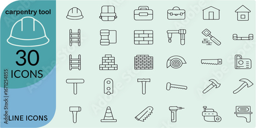 carpentry tool Line Editable Icons set. Containing toolbox, safety vest, builder, shovel trowel, hammer, screwdriver, screw, nut etc. Editable stroke. Vector illustration