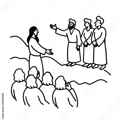 Jesus preaching to a crowd of followers in a hillside vector line art on white background