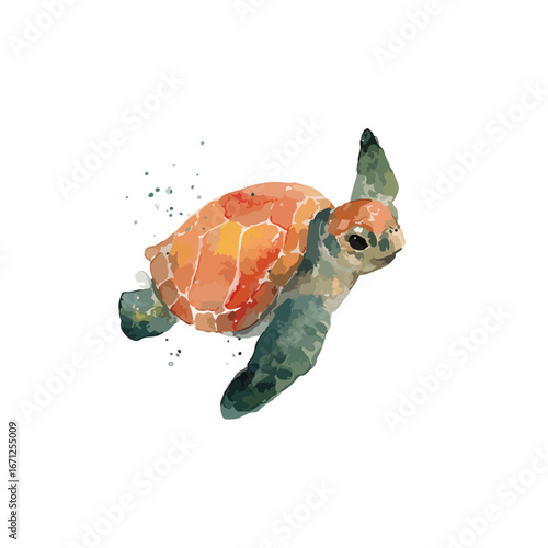 Watercolor Sea Turtle with Orange Shell and Green Flippers Swimming Upward