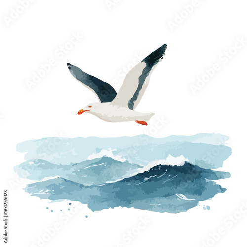 Watercolor Seagull Soaring Above Blue Ocean Waves with Textured Details