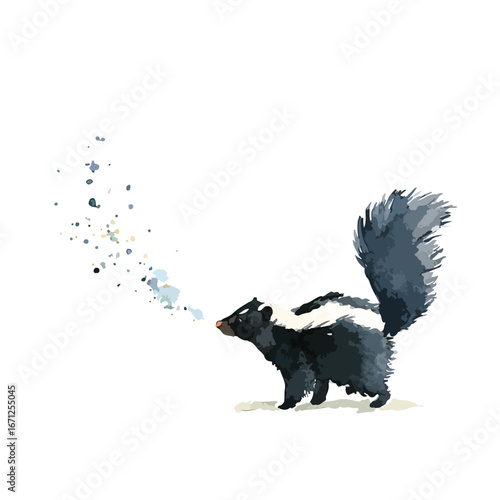 Watercolor Skunk with Raised Tail Emitting Colorful Scent Cloud Illustration