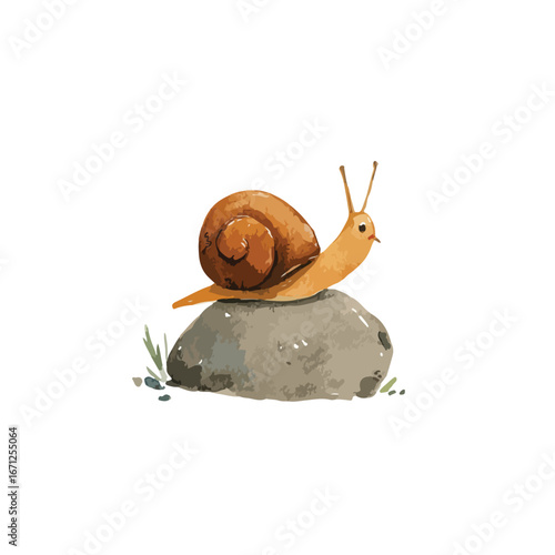 Watercolor Snail Perched on a Stone with Delicate Antennas and Grass