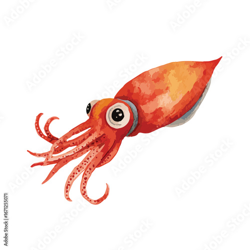 Watercolor Squid Depicted with Detailed Tentacles and Large Eyes