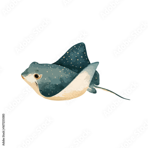 Watercolor Spotted Eagle Ray with Long Tail Swimming Sideways