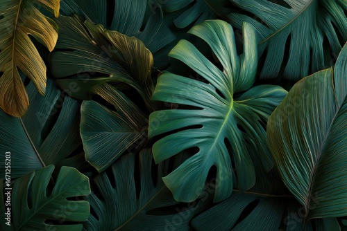 Wallpaper Mural A dense arrangement of monstera leaves in varying shades of green with gold highlights showcasing detailed textures Torontodigital.ca
