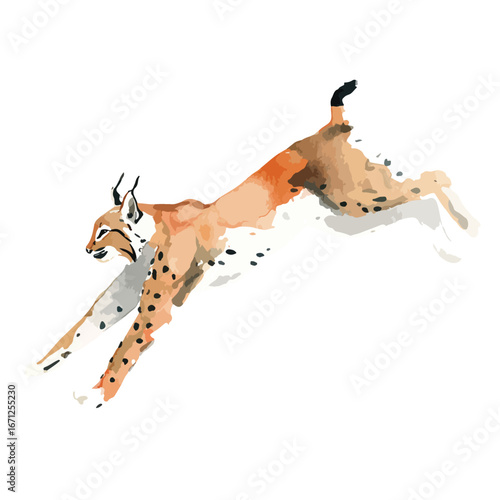 Watercolor Style Caracal Leaping with Spotted Fur and Tufted Ears