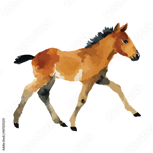 Watercolor Style Chestnut Foal Trotting with Dark Mane and Tail