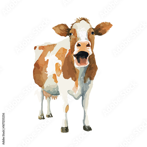 Watercolor Style Cow Portrait Open Mouth Brown White Patches
