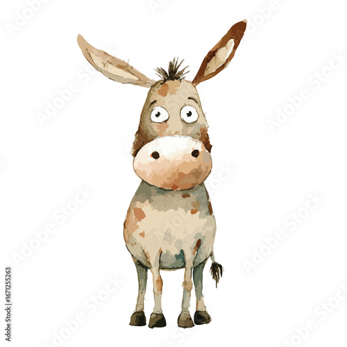 Watercolor Style Donkey with Large Eyes and Upright Ears Standing Tall