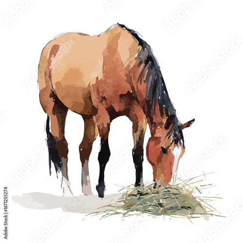 Watercolor Style Chestnut Horse Grazing on Hay with Black Mane and Tail