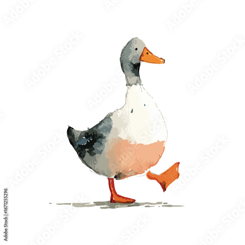 Watercolor Style Duck Striding Forward with Orange Feet and Beak