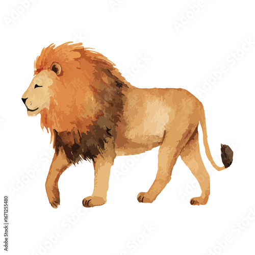 Watercolor Style Lion Walking with Closed Eyes and Brown Mane