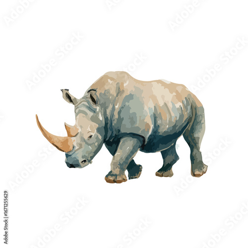 Watercolor Style Rhinoceros with Prominent Horns Walking Forward