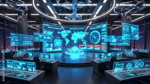 Futuristic control center with advanced technology, global data monitoring, and digital display