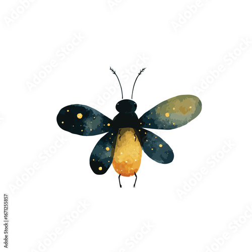 Watercolorstyle insect with speckled wings and a glowing abdomen facing forward