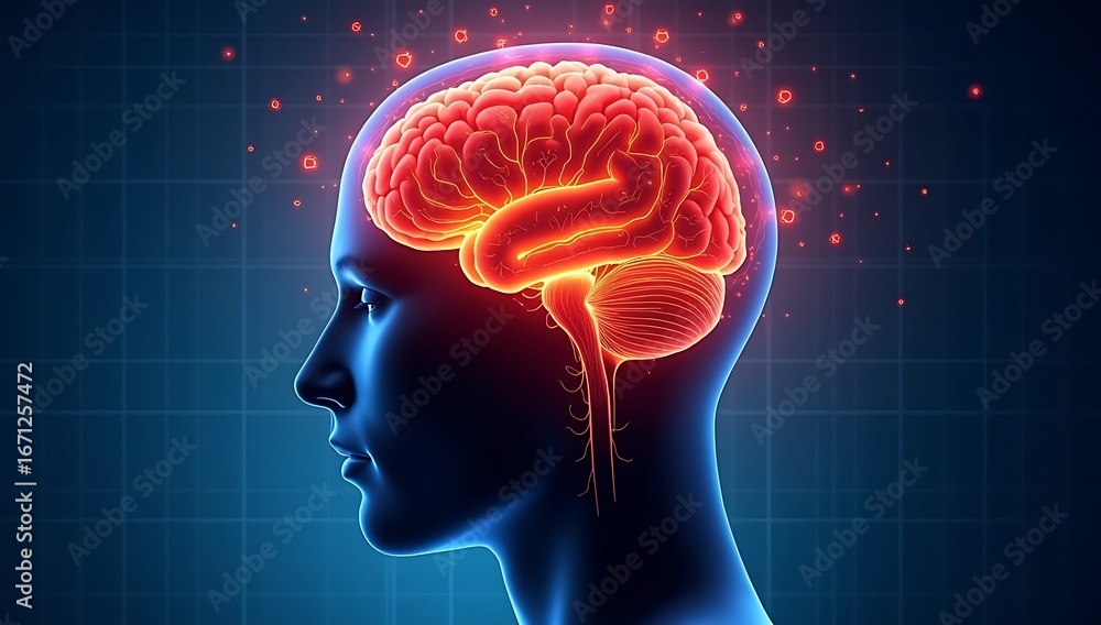 Obraz premium Digital illustration of a human brain glowing red with highlighted neural pathways, symbolizing migraine headache and neurological pain, set against a medical blue background.