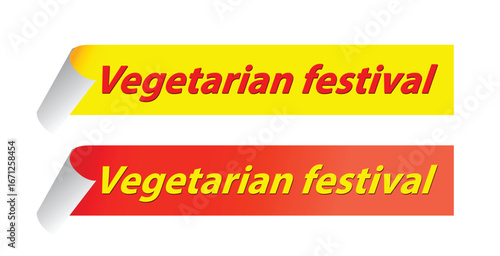 Two curled-edge ribbon stickers with “Vegetarian festival” text in bold red and yellow colors, representing the Thai vegetarian festival
