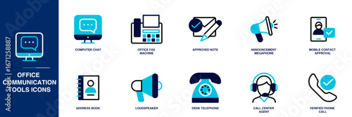 Office Communication Tools Blue Colored Outline Icon Set