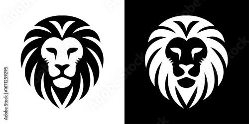 Minimalist lion head logo design in black and white silhouette style with abstract mane vector illustration