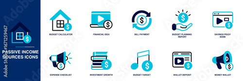 Passive Income Sources Blue Colored Outline Icon Set