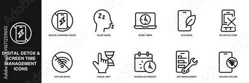 Digital Detox and Screen Time Management Line Icon Set