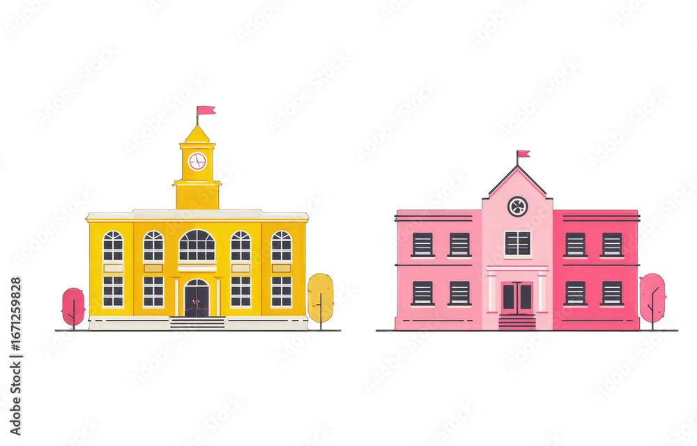 Fototapeta premium Two stylized school buildings, yellow and pink, with clock towers and flags